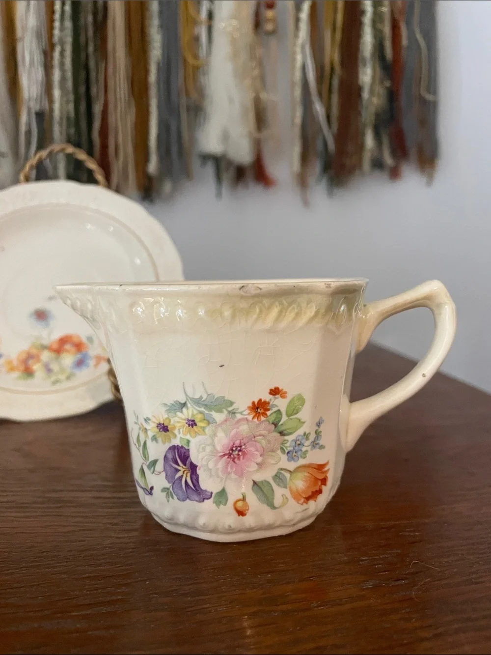 Floral Porcelain Creamer and Saucer Set - Cream Floral